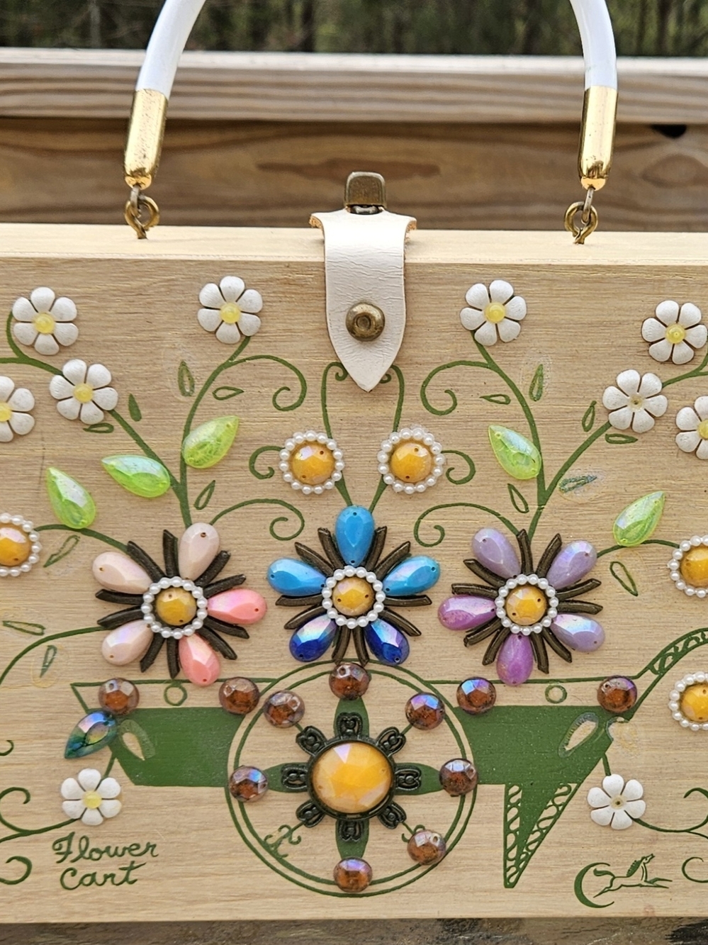 Enid Collins Hand-Painted Floral Wood Box Bag with Colorful Gem Flowers